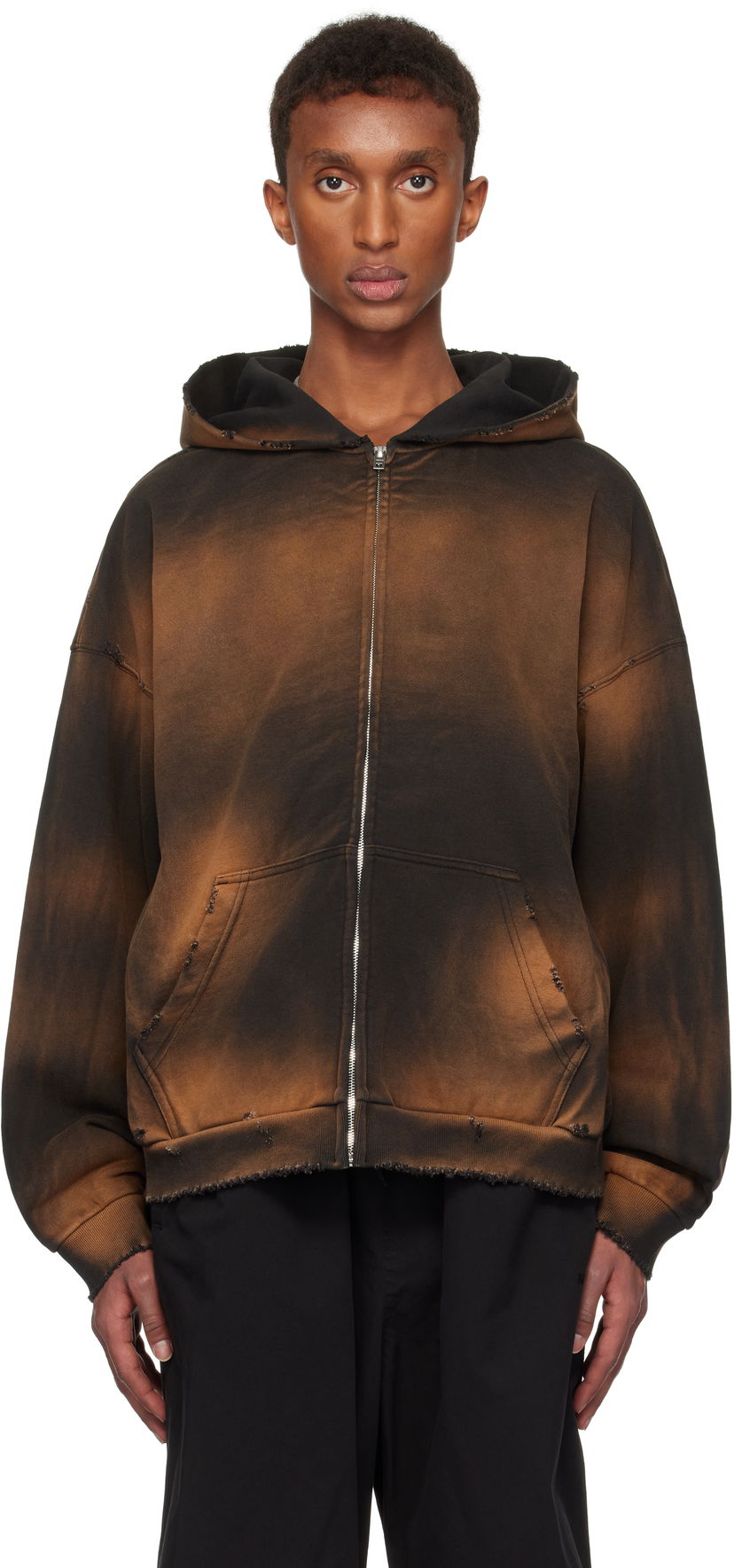 Dukserice We11done We11done Distressed Zip-Up Hoodie Smeđa | WD-TJ3-24-833-U-BK