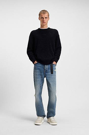 Džemper BOSS Bouclé-knit sweater with embroidered logo Crna | 50524526, 1