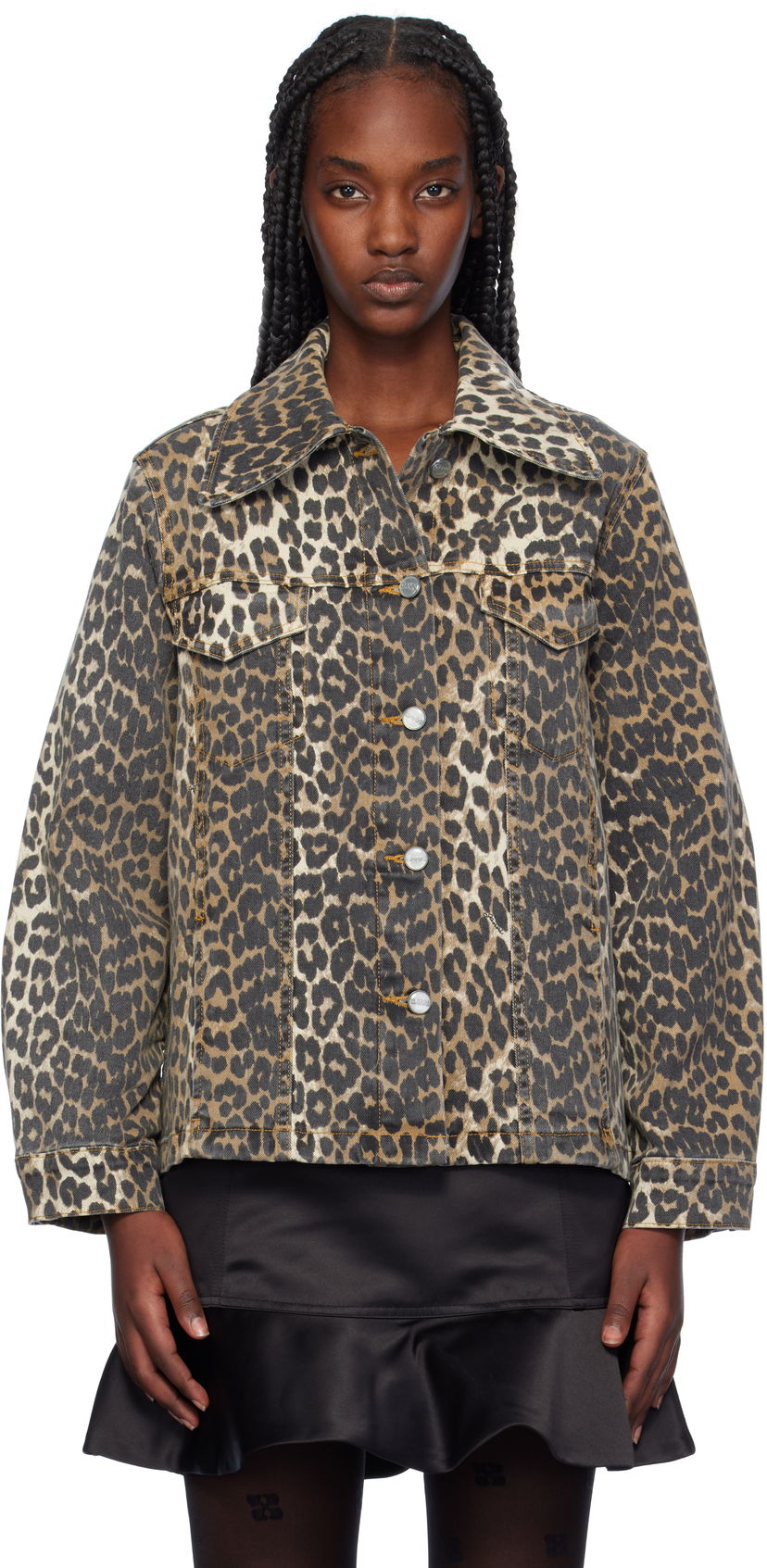 Jakna GANNI Leopard Print Denim Siva | J1581