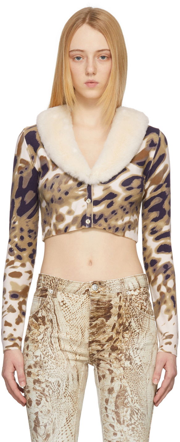 Džemper Blumarine Blumarine Print Cropped Cardigan with Faux Fur Collar Višebojno | 2M147A