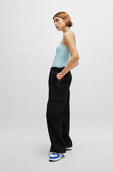Cargo hlače BOSS Oversized Parachute Cotton Poplin Trousers Crna | 50517314, 1