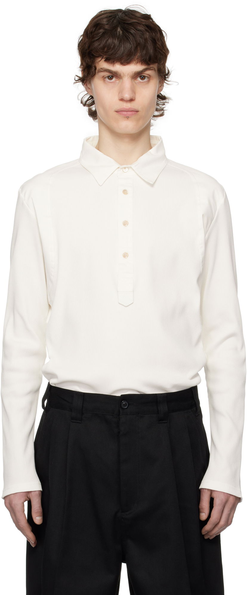 Polo majica Wales Bonner Wales Bonner Dub Long Sleeve Polo Bijela | MS25JE03-JE02-000 RIB JERSEY