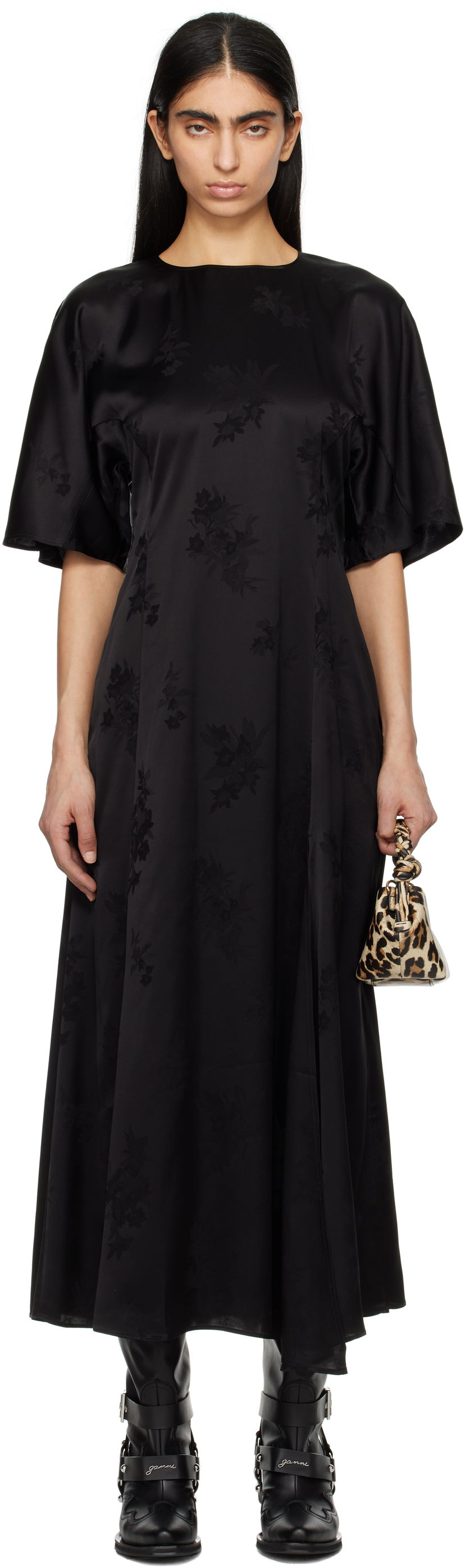 Haljina GANNI GANNI Fluid Satin Jacquard Slit Maxi Dress Crna | W0255