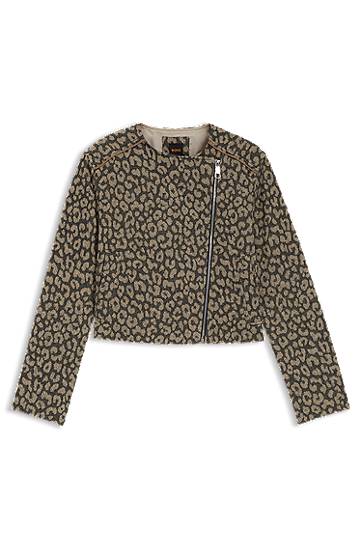 Jakna BOSS Cropped Leopard Jacquard Biker Jacket Smeđa | 50546006