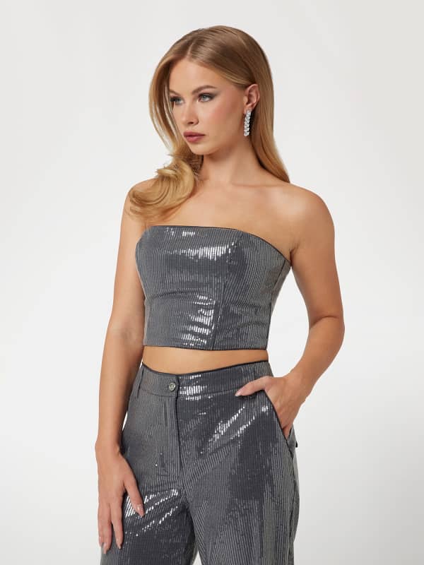 Crop top GUESS Sequined Bustier Crop Top Siva | W5RH0GWGX40