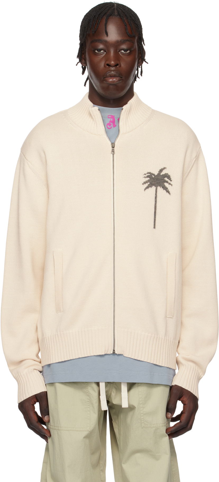 Jakna Palm Angels Knit Track Jacket With Palms Embroidery Bež | PMHA061S25KNI0010308
