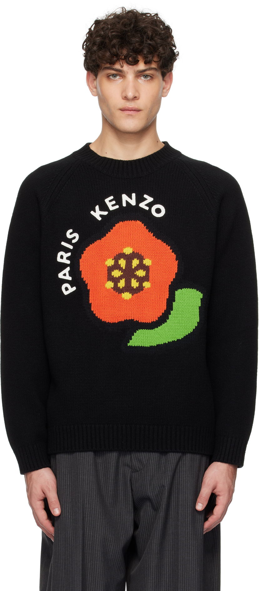 Džemper KENZO Wool Sweater with Flower Applique Crna | FF55PU7223LA