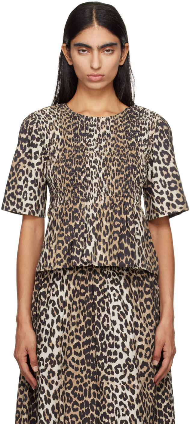 Majica kratkih rukava GANNI GANNI Smocked Leopard Print Blouse Bež | W0205