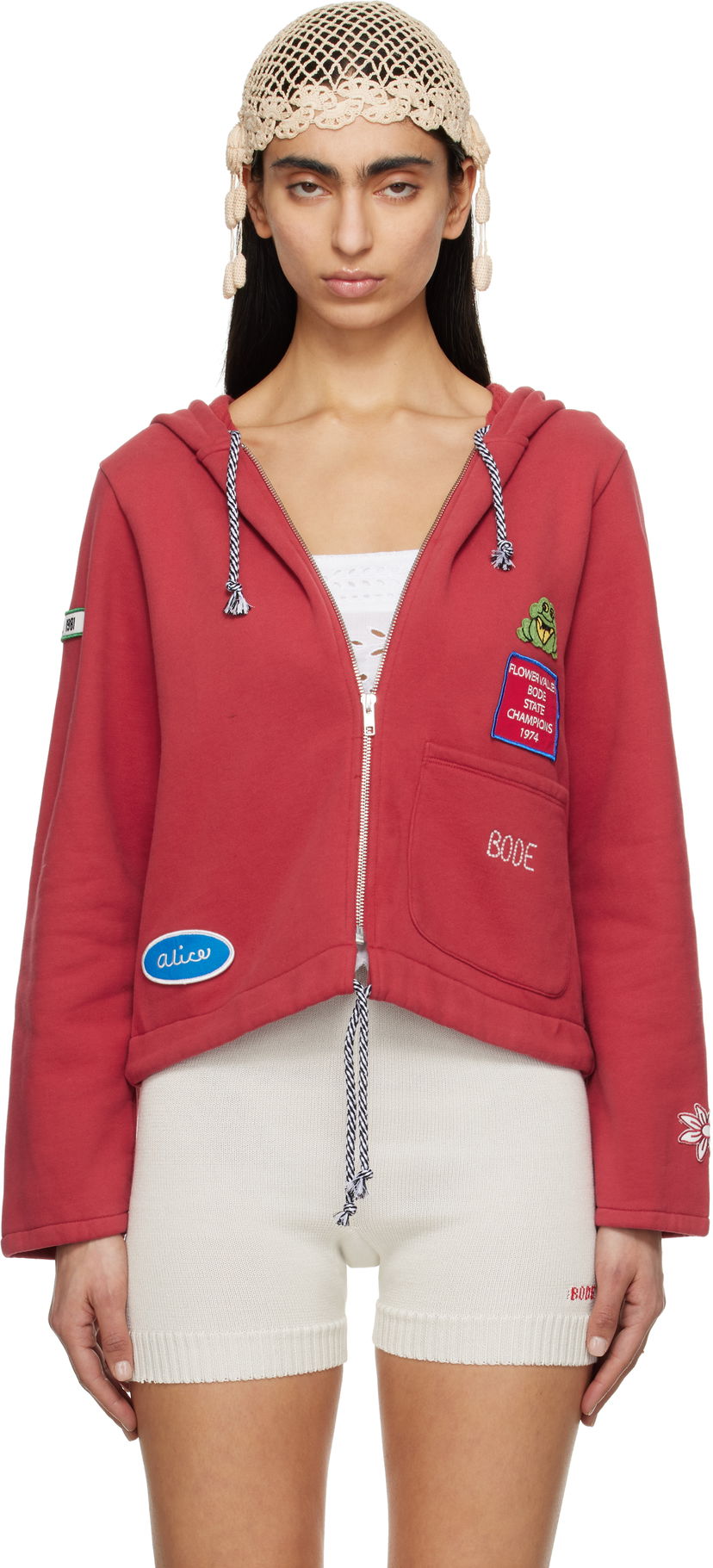 Dukserice Bode Bode Camper Cropped Zip Hoodie Crvena | WRS25CS028