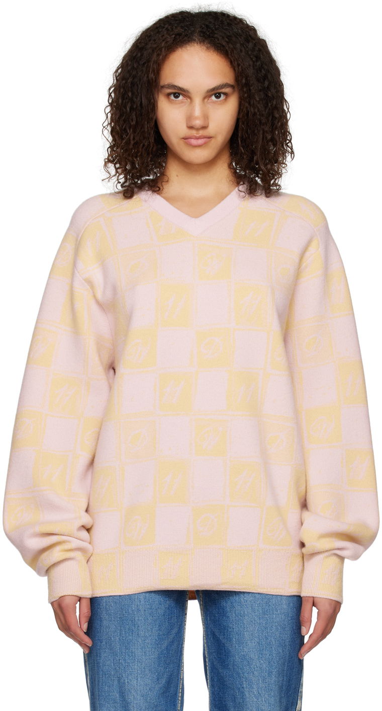 Džemper We11done We11done Checkerboard V-Neck Sweater Ružičasta | WD-KT3-22-639-U-YE