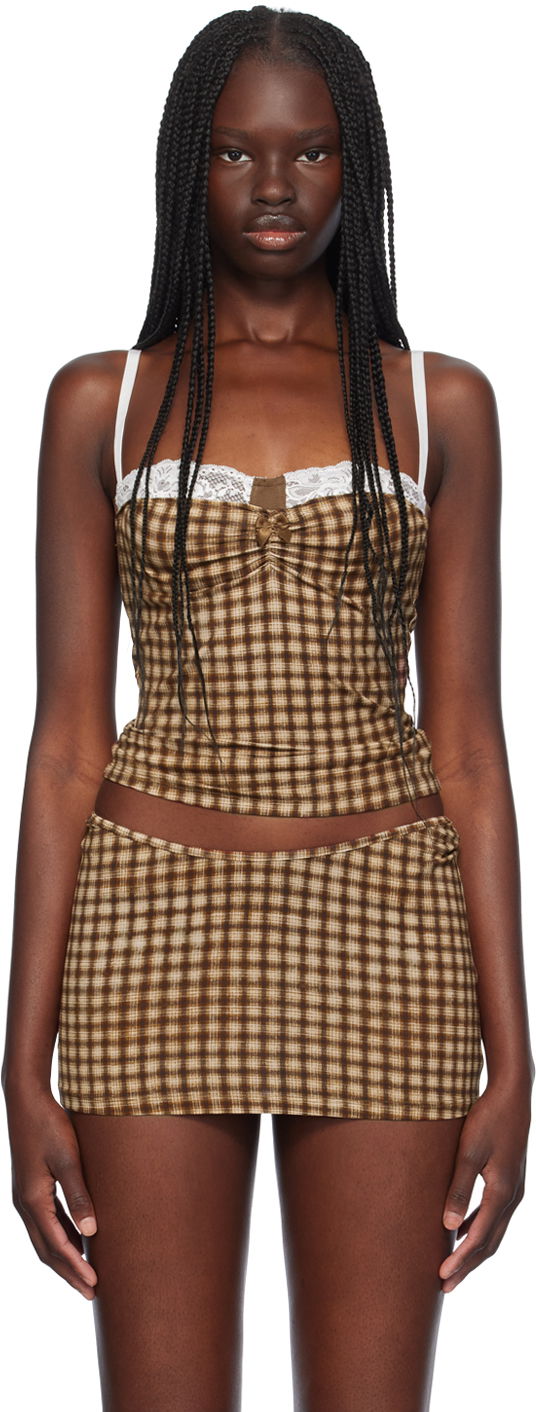 Majica bez rukava Miaou Miaou Enzo Gingham Tank Top Smeđa | 7092TJBPLD
