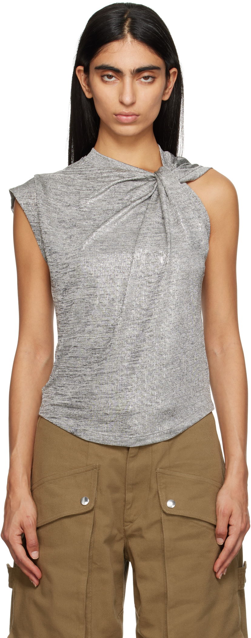 Majica bez rukava Isabel Marant Étoile Isabel Marant Etoile Women's Metallic Knotted Top Siva | 24ATS0238FA-B3N09E