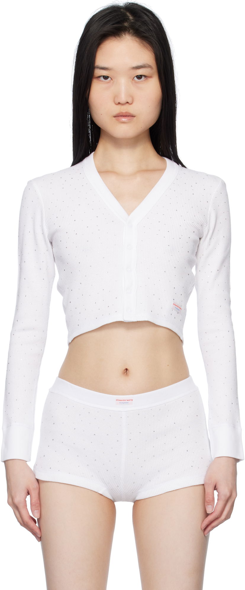Džemper Alexander Wang White Crystal Hotfix Long-Sleeve Waffle Cardigan Bijela | 8C4245810T