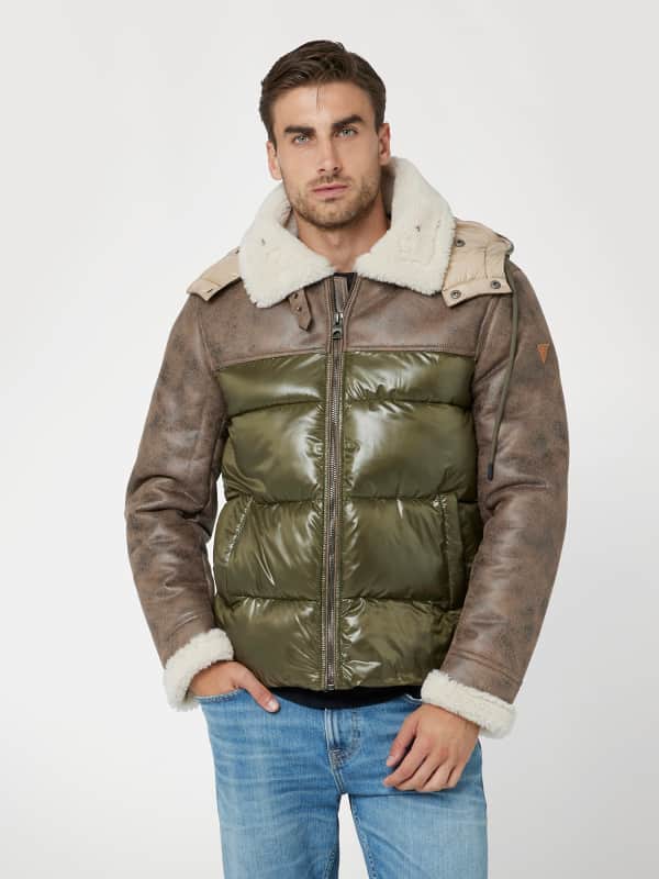 Pernata jakna GUESS Faux Leather and Nylon Puffer Jacket Zelena | M4BL37WGJL0
