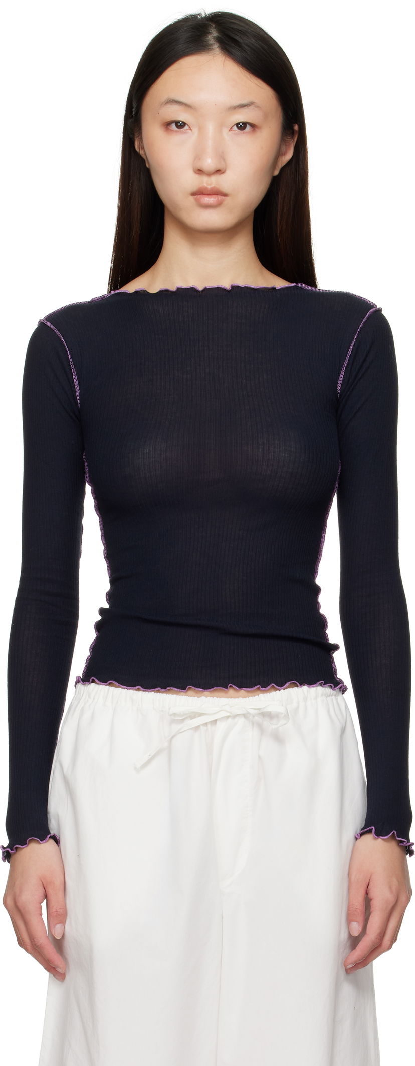 Majica kratkih rukava Baserange Baserange Lettuce Edge Long Sleeve T-Shirt Crna | TTVL-CR-AU25