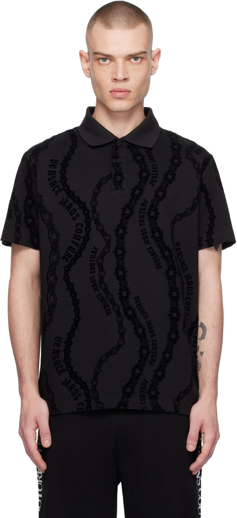 Polo majica Versace Chain Flock Polo Shirt Crna | E77GAG6R0_EJS415