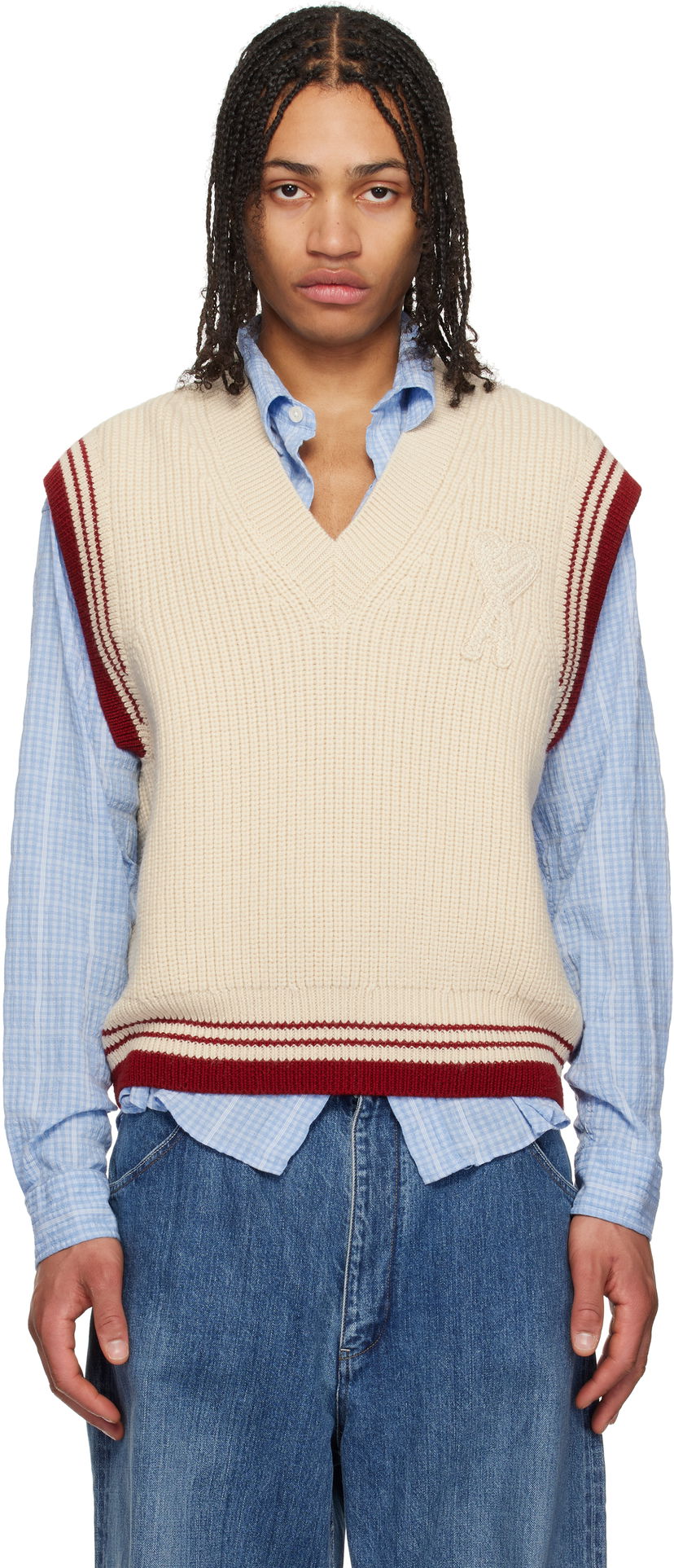 Džemper AMI AMI Paris Wool Ribbed V-Neck Vest Bež | UKS768.KN0068