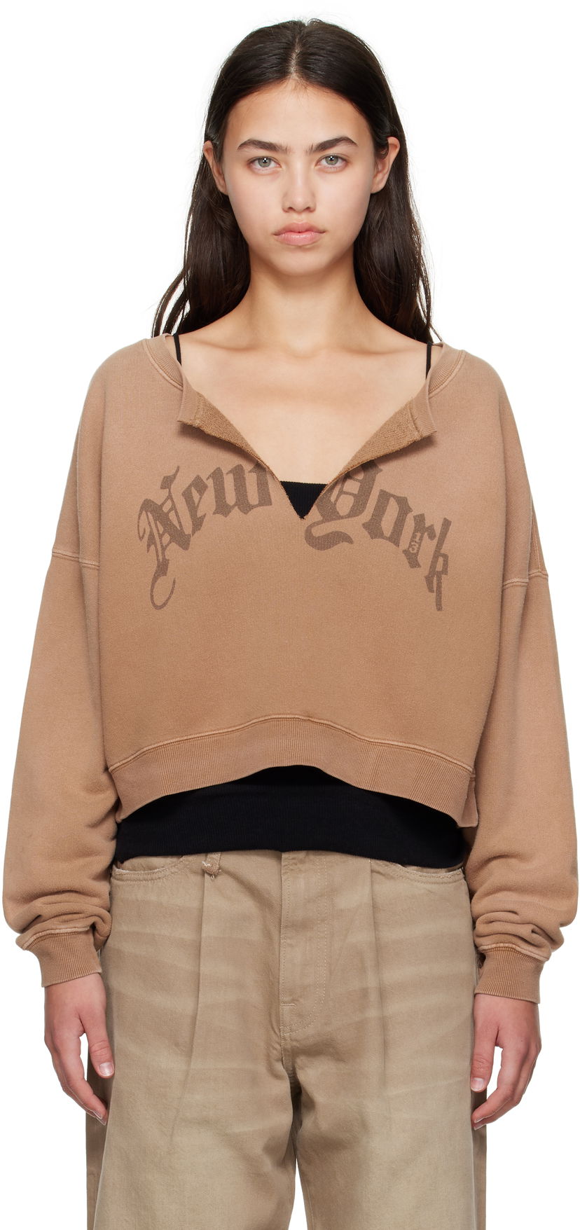 Dukserice R13 R13 'New York' Cropped Front Slit Sweatshirt Smeđa | R13WK251-001UU