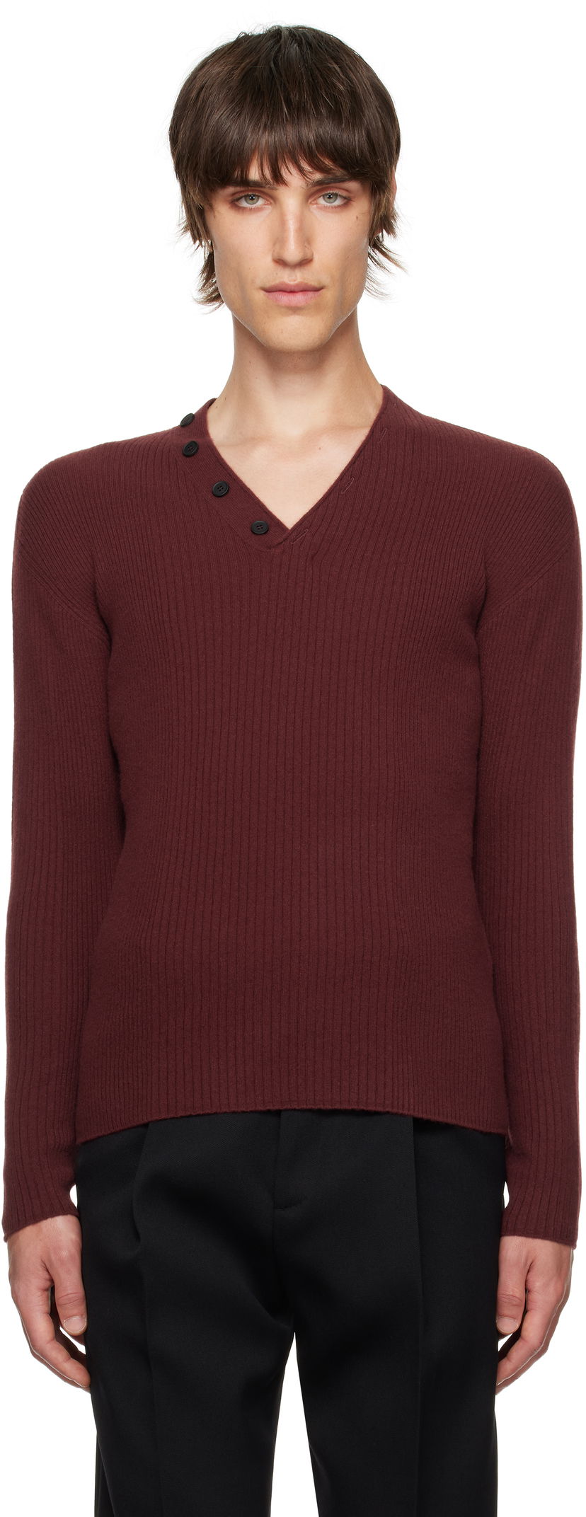 Džemper LANVIN Ribbed V-Neck Sweater Tamnocrvena | RM-PO0054-K048-H24