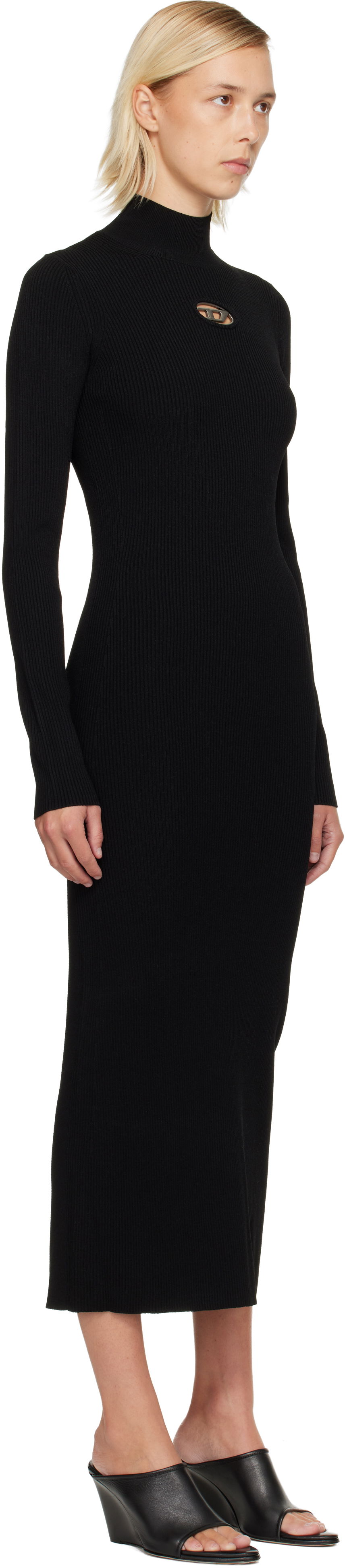 Haljina Diesel Ribbed knit long-sleeve mock neck maxi dress with metallic cut-out Crna | A14186 0DLAX, 1