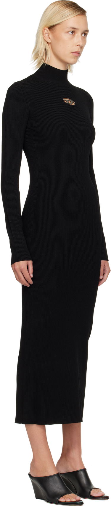 Haljina Diesel Ribbed knit long-sleeve mock neck maxi dress with metallic cut-out Crna | A14186 0DLAX, 1