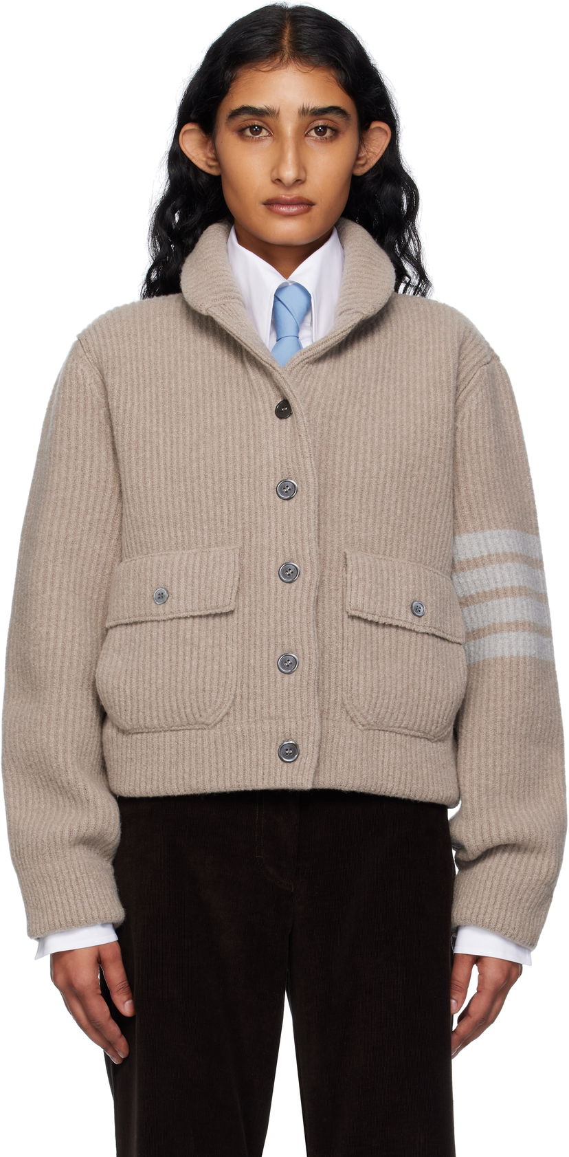 Džemper Thom Browne Thom Browne Merino Wool 4-Bar Bomber Cardigan Bež | FKJ116A-Y1059