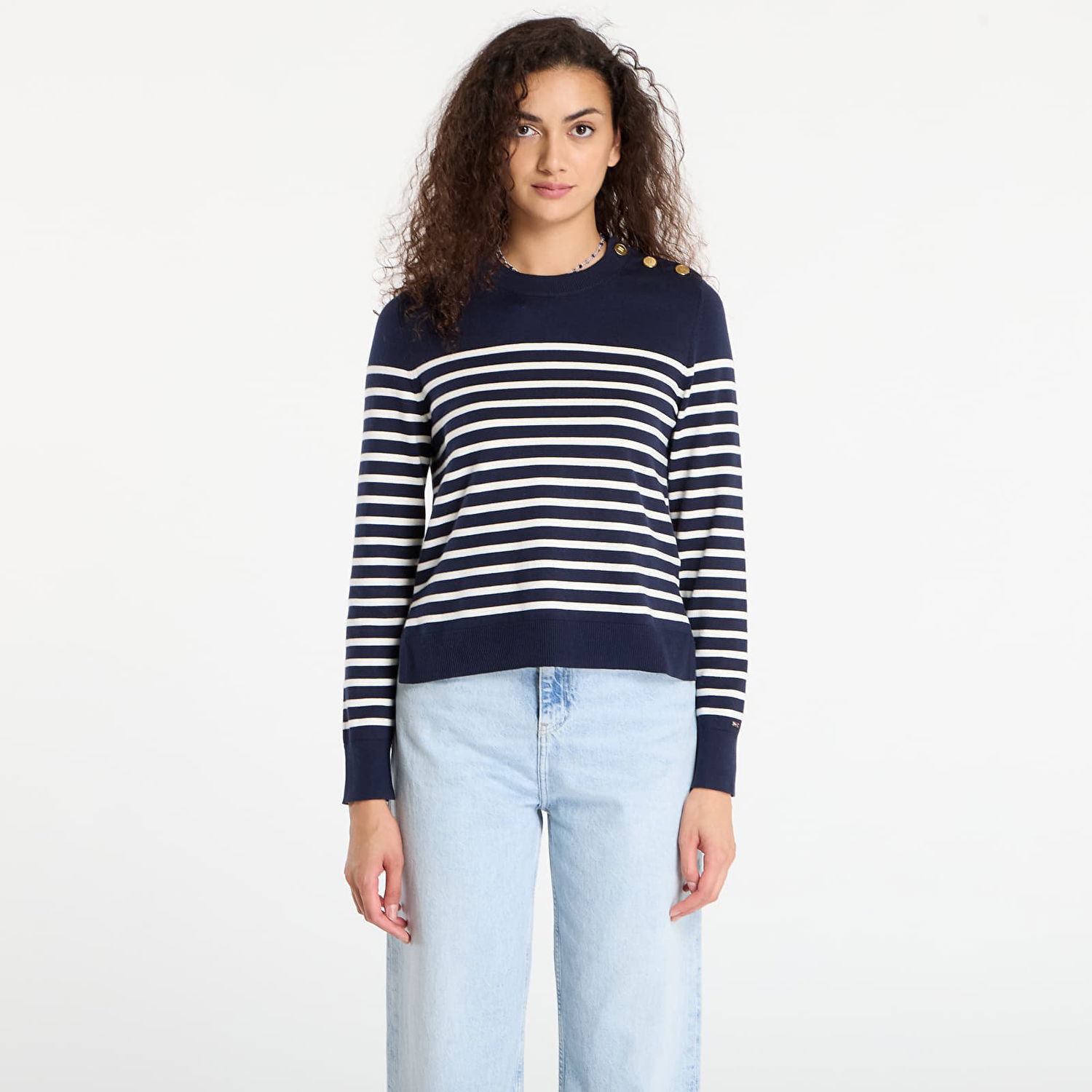Džemper Tommy Hilfiger Tommy Hilfiger Striped Crewneck Sweater with Gold Buttons Tamnoplava | WW0WW47305-0FI, 0