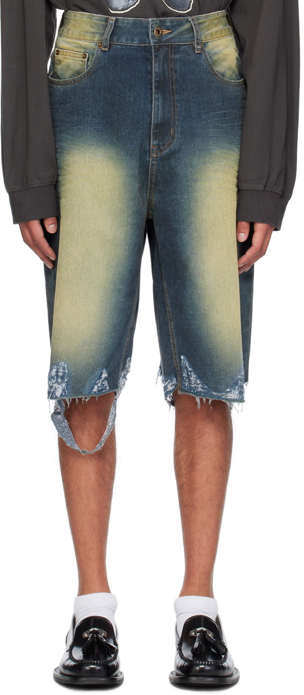 Jeans We11done Washed Denim Raw Edge Shorts Plava | WD-DP2-24-315-M-BL