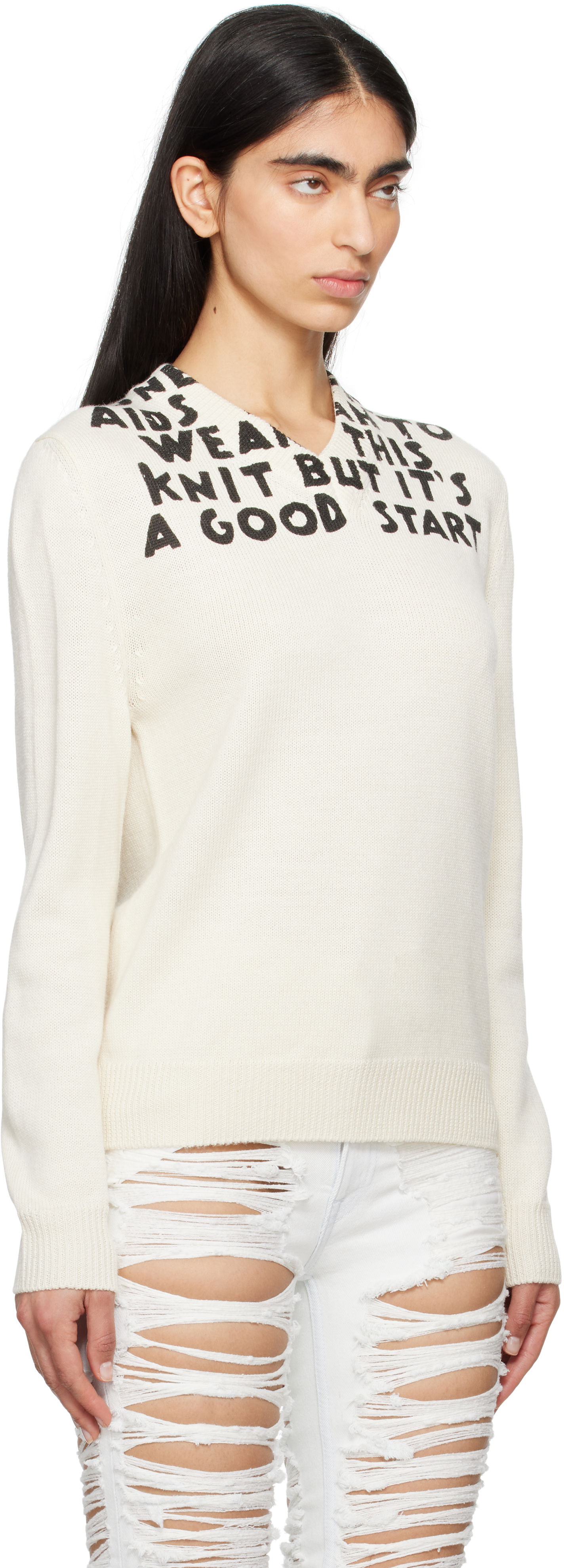 Džemper Maison Margiela MM6 Maison Margiela SIDA Print V-Neck Sweater Bijela | S62HN0005 M13122, 1