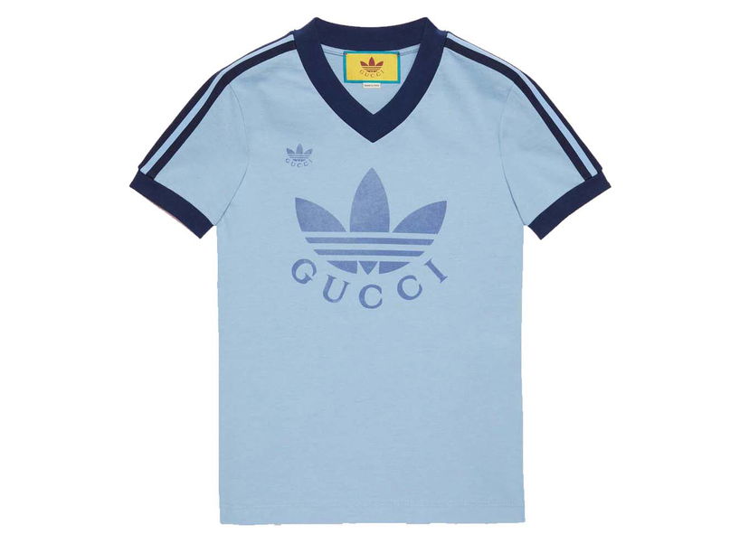 Majica kratkih rukava Gucci adidas x V-Neck T-Shirt Light Blue Plava | 693636 XJEBZ 4709