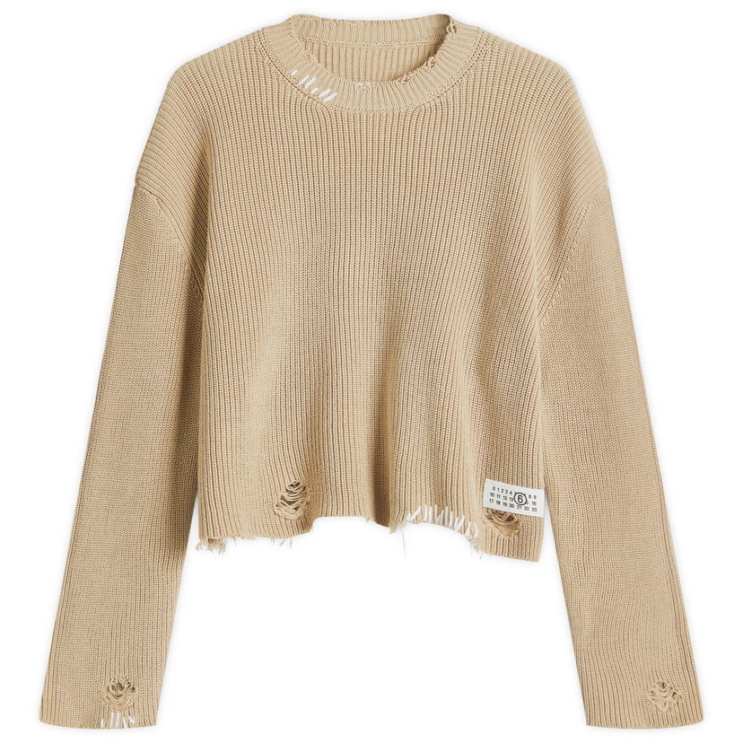 Džemper Maison Margiela MM6 Maison Margiela Women's Distressed Knit Crewneck Sweater, Size Large Bež | S52HL0036M13089119
