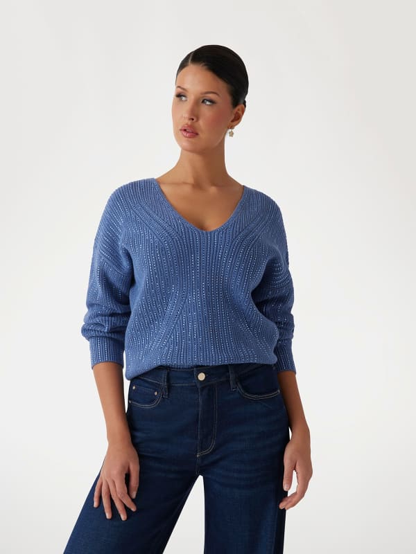 Džemper GUESS V-Neck Sweater with Rhinestone Details Plava | W5RR03Z3K70
