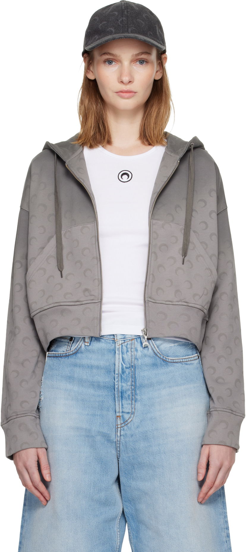 Dukserice Marine Serre Marine Serre Faded Moon Fleece Cropped Zipped Hoodie Siva | WST019ACJER0073