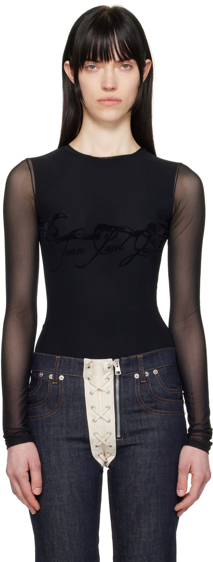 Body Jean Paul Gaultier Jean Paul Gaultier Flocked Tattoo Ruban Mesh Long Sleeve T-Shirt Crna | 25/34-F-TO281I-T005-00
