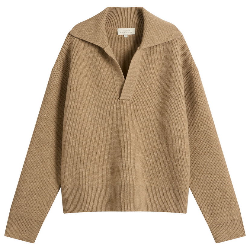 Džemper Studio Nicholson Studio Nicholson Rib Polo Collar Jumper, Size Large Bež | NASHSNM-1295-OAT