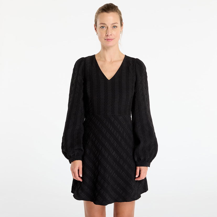 Haljina Samsoe Samsoe Textured V-Neck Puffed Sleeve Salahai Dress Crna | F25400090_CLR000021
