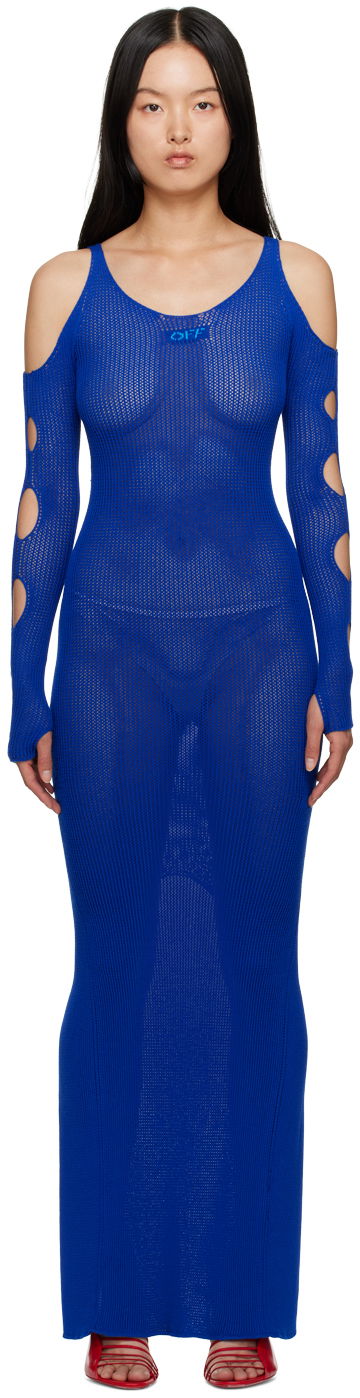 Haljina Off-White Blue Hole Net Maxi Dress Tamnoplava | OWHI087S23KNI0014540