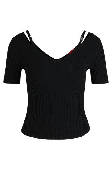 Džemper BOSS Ribbed Knit Top with Cutout Shoulders Crna | 50538223