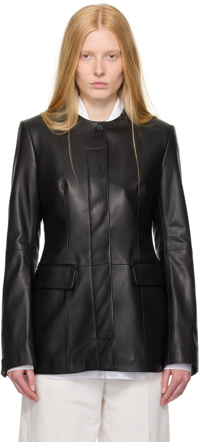 Jakna TOTEME TOTEME Collarless Leather Jacket Crna | 252-WRO0192-LE0127