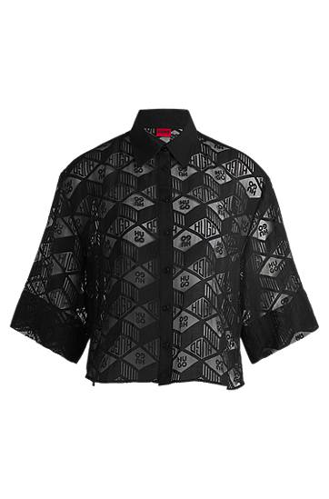 Košulja BOSS HUGO Regular-Fit Chiffon Blouse with All-Over Logo Print Crna | 50538733