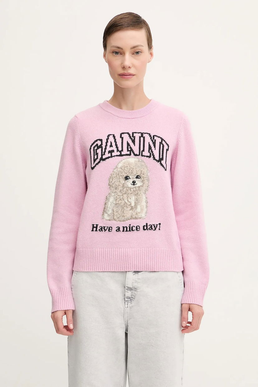 Džemper GANNI GANNI Graphic Wool Mix Poodle Sweater Ružičasta | K2499