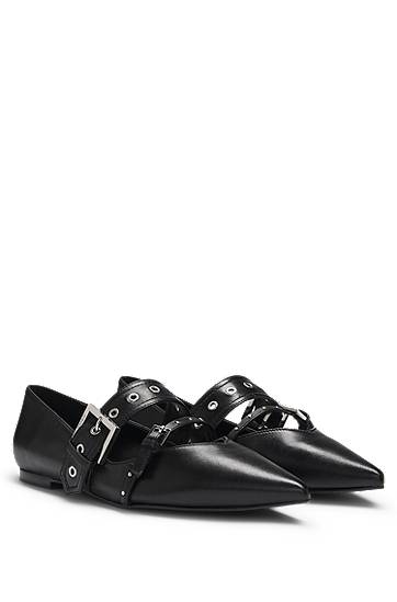 Odjeća i dodaci BOSS Nappa Leather Ballerina Pumps with Buckled Straps Crna | 50536400