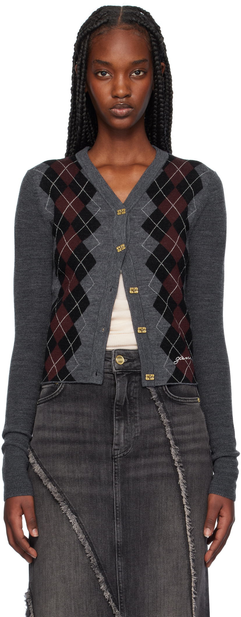 Džemper GANNI Argyle Jacquard Knit Cardigan Siva | K2284