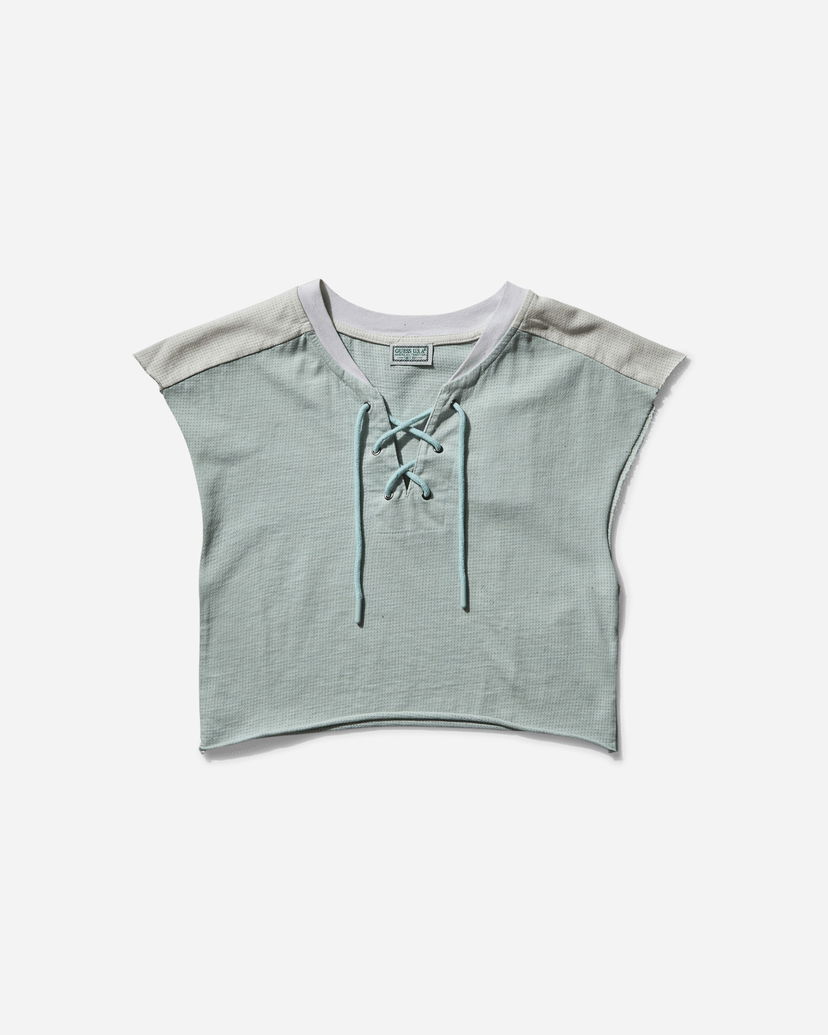 Crop top GUESS Piqué Mesh Lace-Up Crop Top Zelena | W5GP02KCPJ0 F8S6
