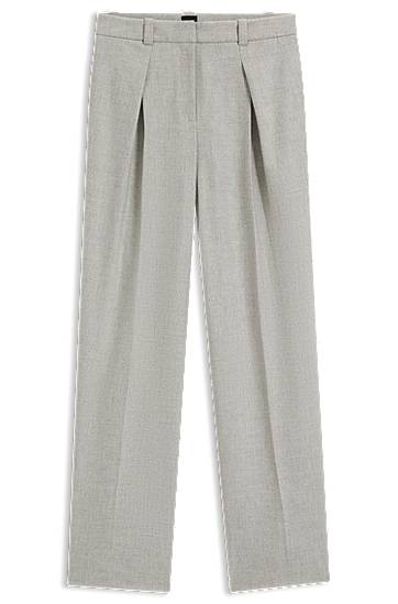 Hlače BOSS Pleated Straight-leg Trousers in Melange Stretch Flannel Siva | 50547679