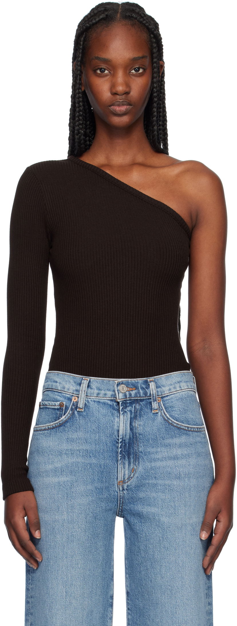 Majica bez rukava AGOLDE One Shoulder Ribbed Bodysuit Crna | A7293-3048