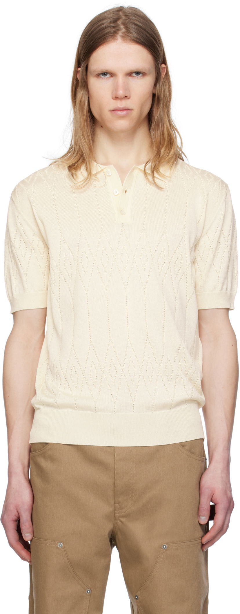 Polo majica Golden Goose Golden Goose Argyle Knit Short Sleeve Polo Bež | GMP01412.P001834.11560