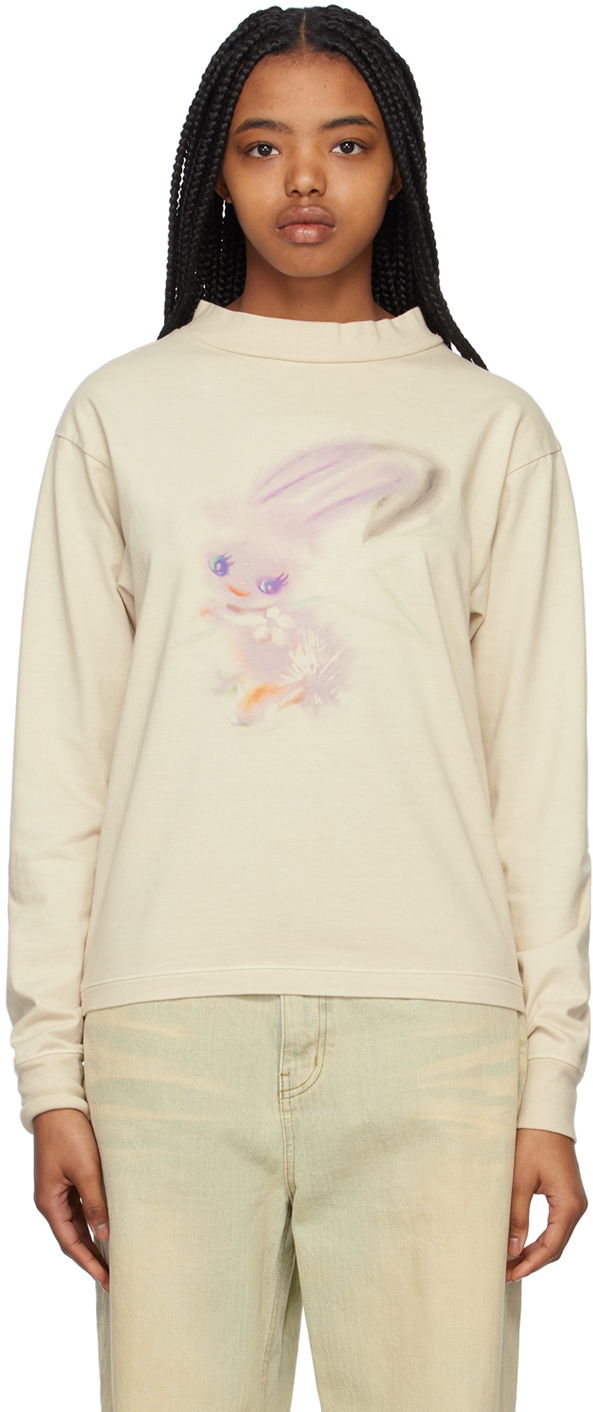 Džemper We11done We11done Crewneck Long Sleeve T-Shirt with Bunny Print Bež | WD-TT1-23-792-U-IV