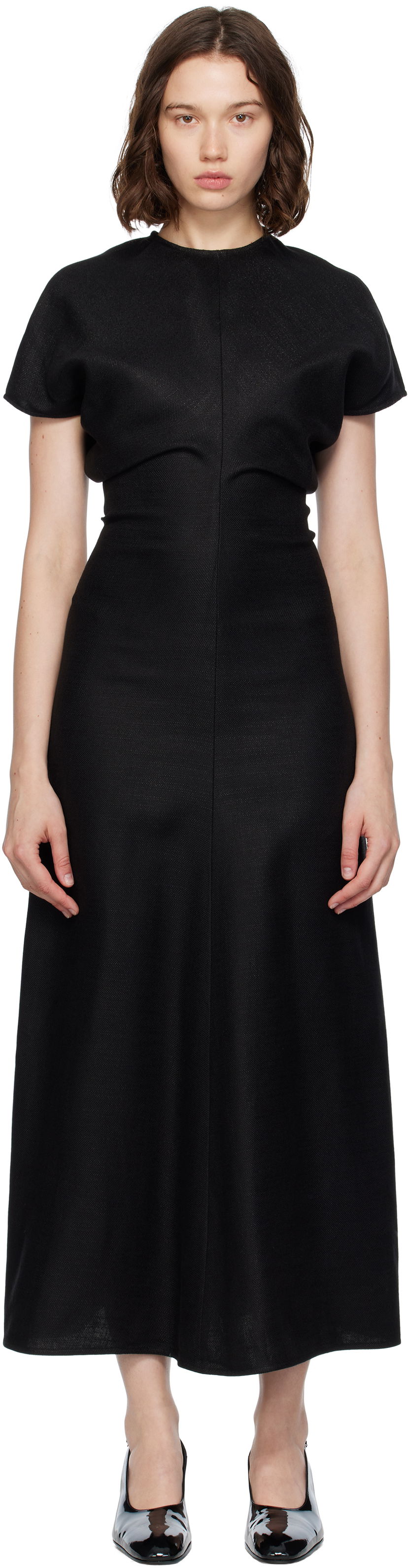 Haljina TOTEME TOTEME Slouch Waist Basketweave Midi Dress Crna | 253-WRD1103-FB0461