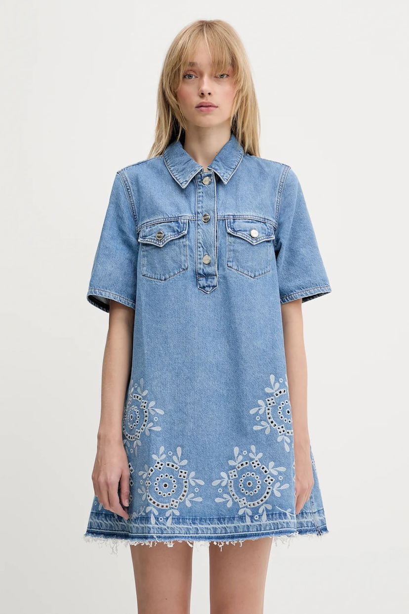 Haljina GANNI GANNI Broderie Anglaise Denim Mini Dress Plava | J1694